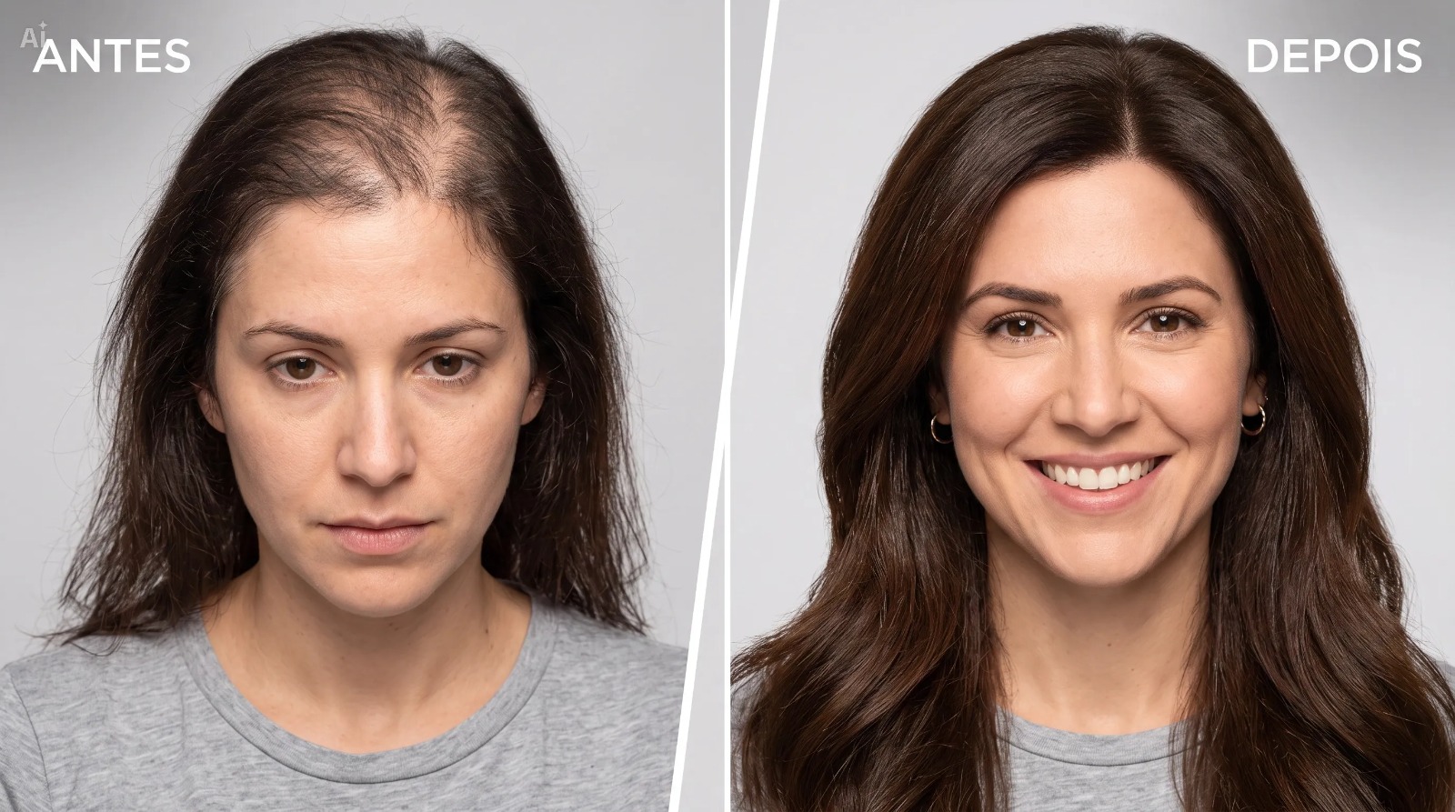 Antes e depois do tratamento: cabelo ralo à esquerda e cabelo volumoso e saudável à direita